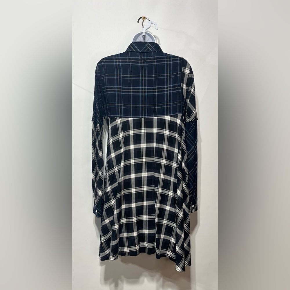 Desigual Navy, Black and‎ White Asymmetrical Button Down Plaid Dress Size Medium - Picture 7 of 11